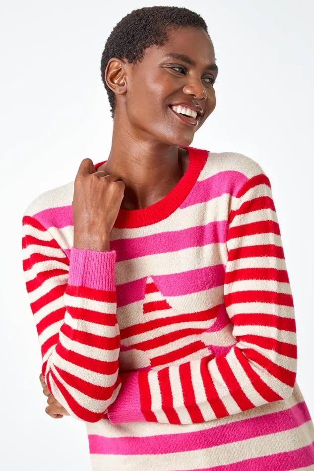 Red Stripe Star Print Stretch Jumper Women Roman Knitwear