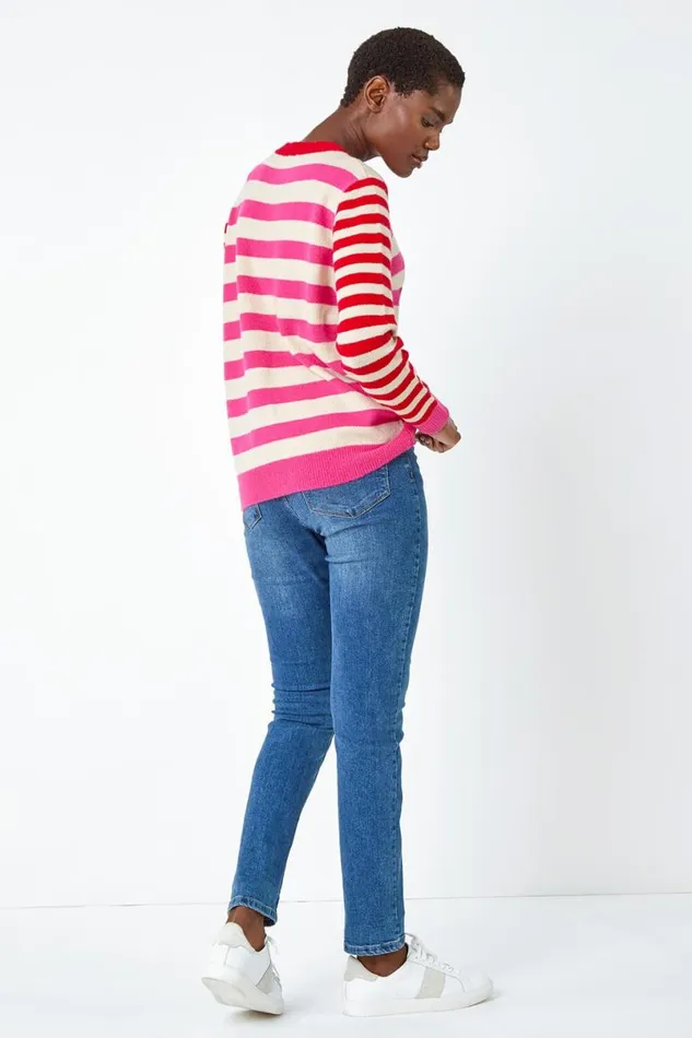 Red Stripe Star Print Stretch Jumper Women Roman Knitwear