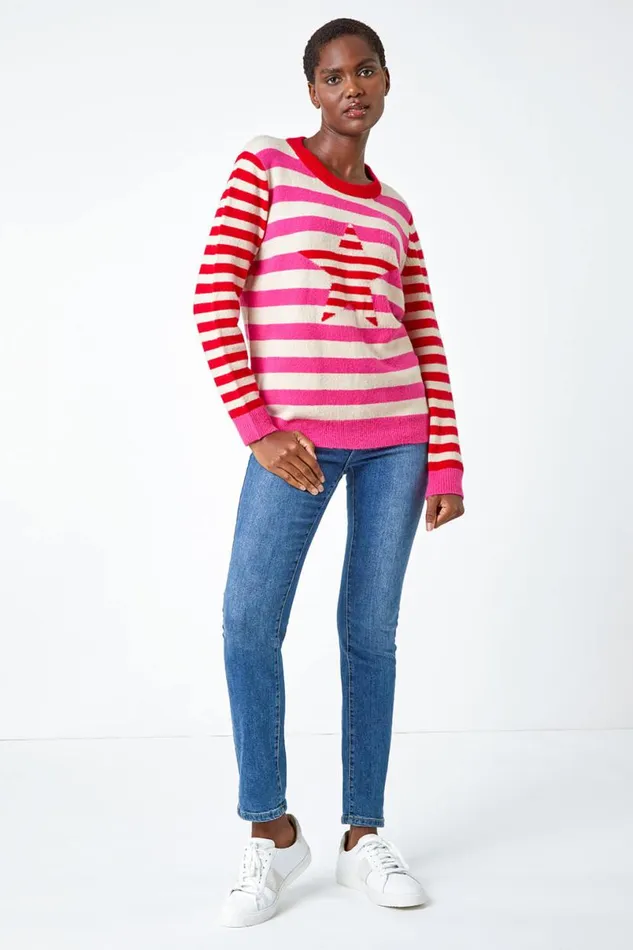 Red Stripe Star Print Stretch Jumper Women Roman Knitwear