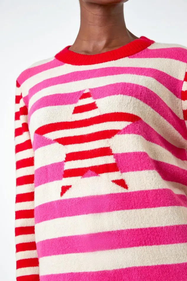 Red Stripe Star Print Stretch Jumper Women Roman Knitwear