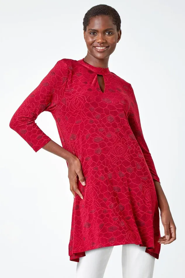 Red Textured Print Keyhole Stretch Tunic Top Women Roman Tops