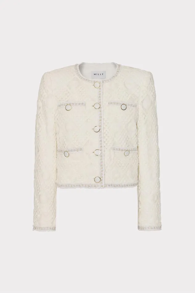 Reign Diamond Crochet Jacket White Women Milly Coats and Jackets