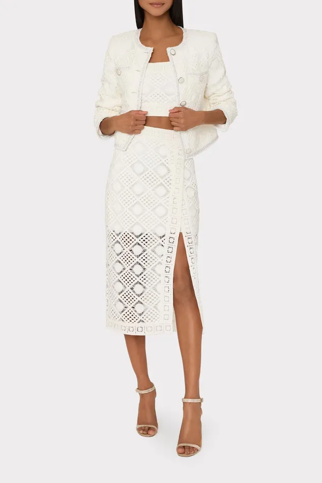 Reign Diamond Crochet Jacket White Women Milly Coats and Jackets