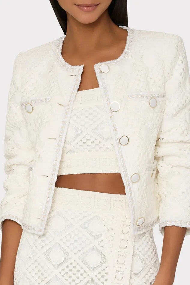 Reign Diamond Crochet Jacket White Women Milly Coats and Jackets