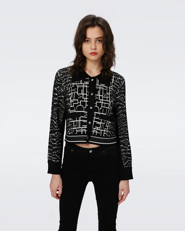 Riva Knit Jacquard Cardigan Dvf Logo And Leopard Black Women DVF Sweaters and Knits