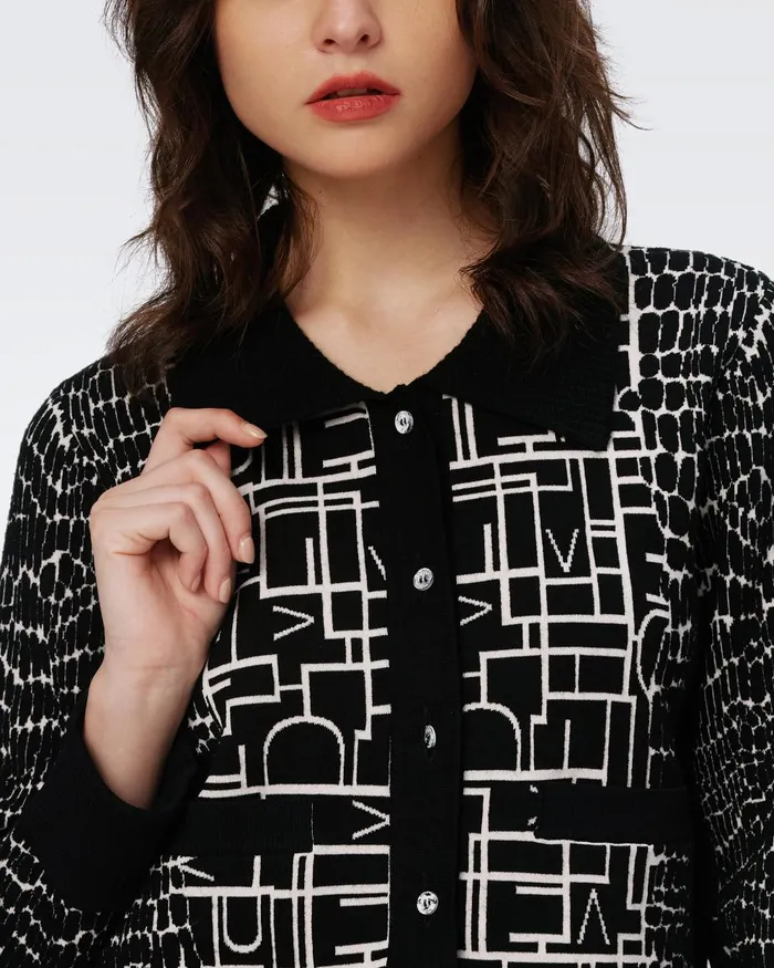 Riva Knit Jacquard Cardigan Dvf Logo And Leopard Black Women DVF Sweaters and Knits
