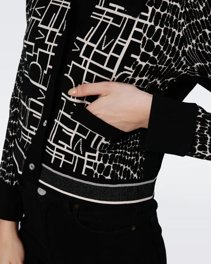 Riva Knit Jacquard Cardigan Dvf Logo And Leopard Black Women DVF Sweaters and Knits