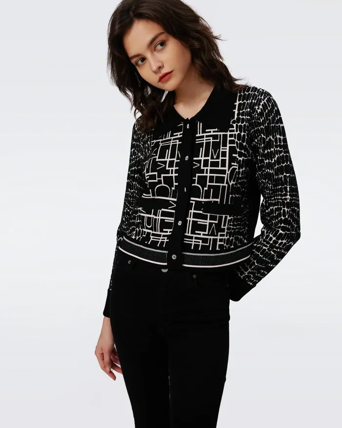 Riva Knit Jacquard Cardigan Dvf Logo And Leopard Black Women DVF Sweaters and Knits