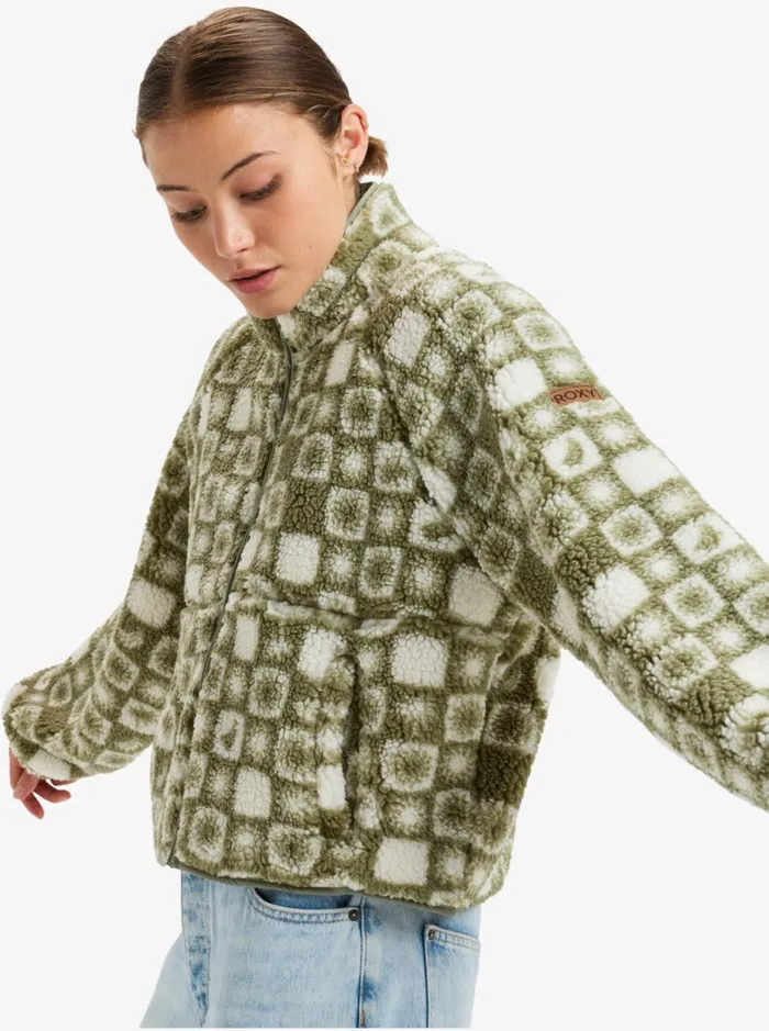 Roxy Blurry Cloud 8211 Full Zip Polar Jacket Oil Green Sun Square Polar WomenKids Sweatshirts and Hoodies
