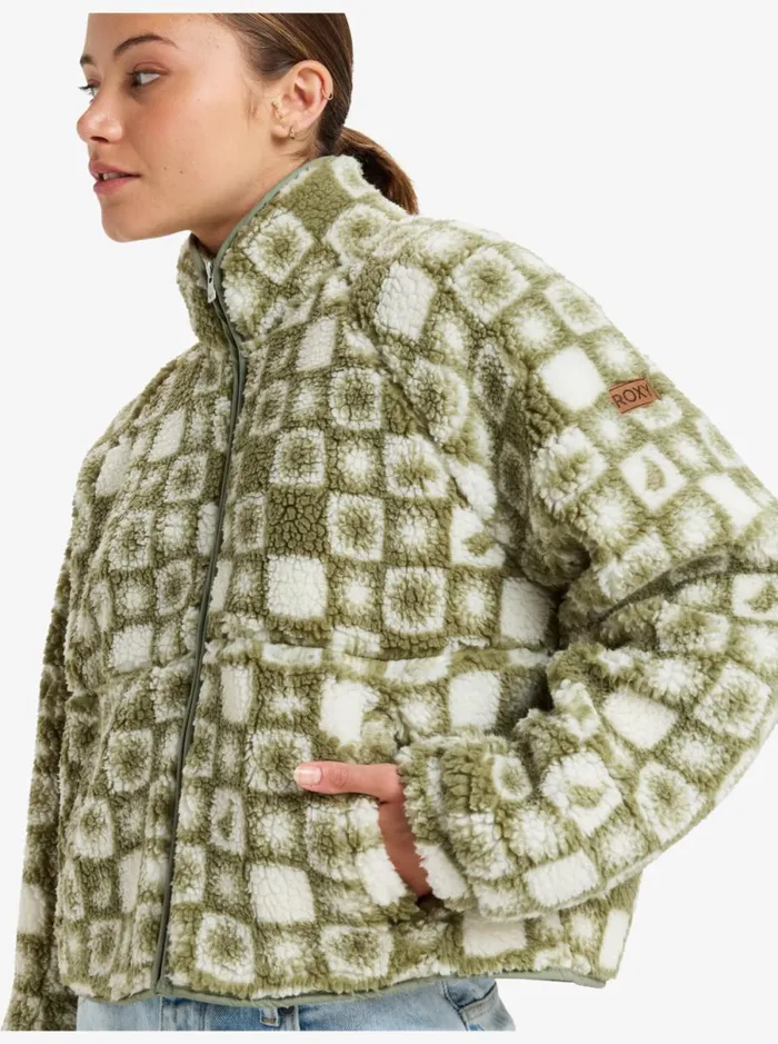 Roxy Blurry Cloud 8211 Full Zip Polar Jacket Oil Green Sun Square Polar WomenKids Sweatshirts and Hoodies