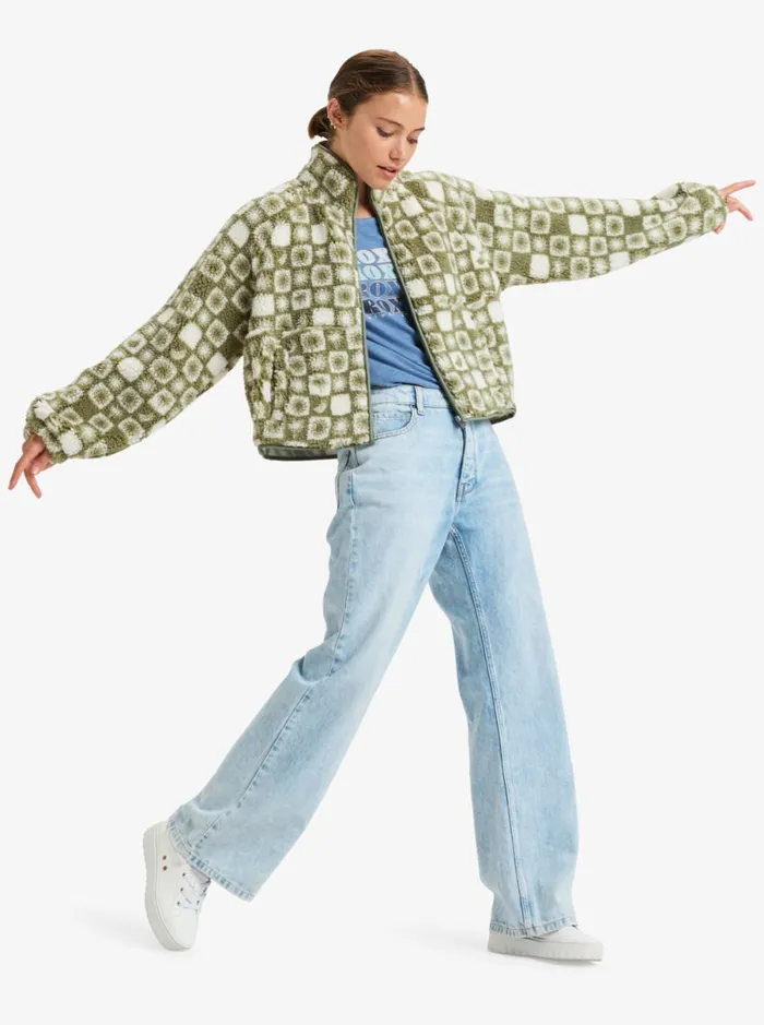 Roxy Blurry Cloud 8211 Full Zip Polar Jacket Oil Green Sun Square Polar WomenKids Sweatshirts and Hoodies