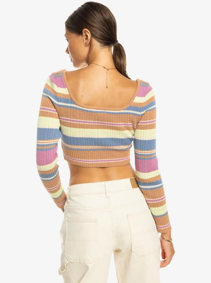 Roxy Sunshine Day 8211 Cropped Jumper Camel Swithbackstripe Sweaters Women Jumpers and Cardigans