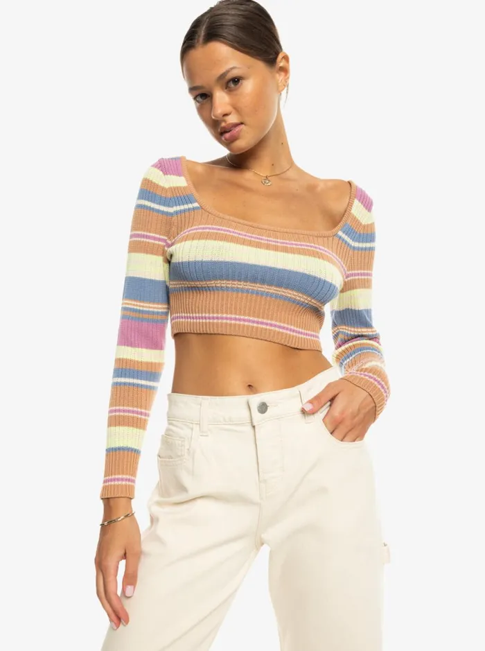 Roxy Sunshine Day 8211 Cropped Jumper Camel Swithbackstripe Sweaters Women Jumpers and Cardigans