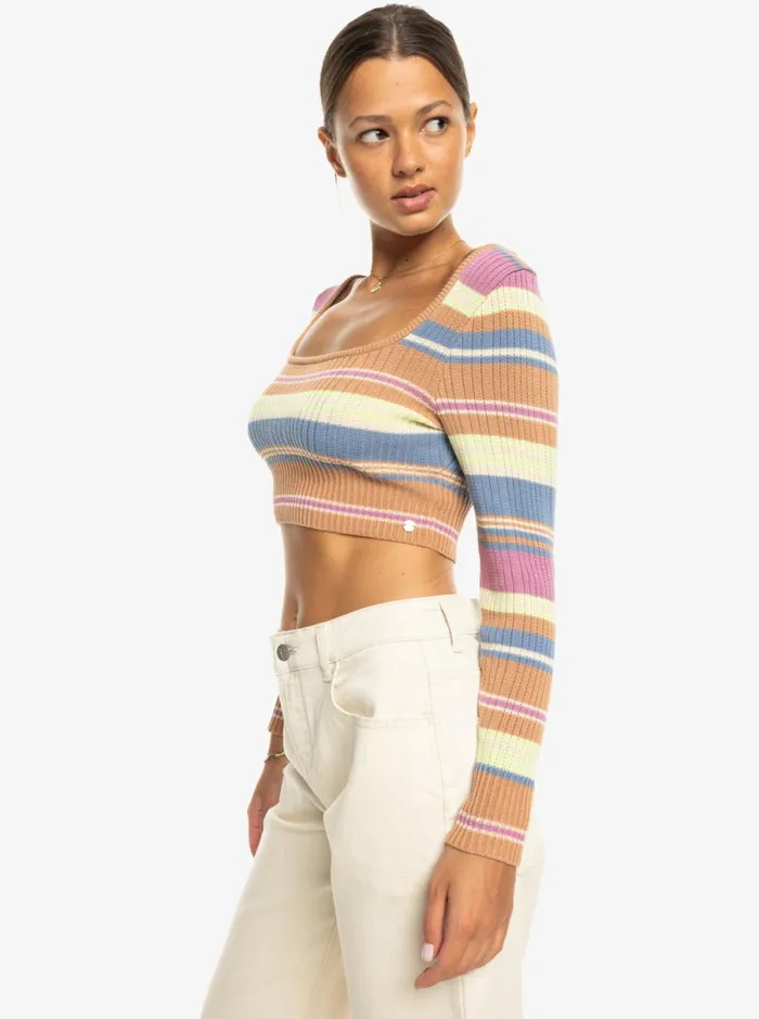 Roxy Sunshine Day 8211 Cropped Jumper Camel Swithbackstripe Sweaters Women Jumpers and Cardigans