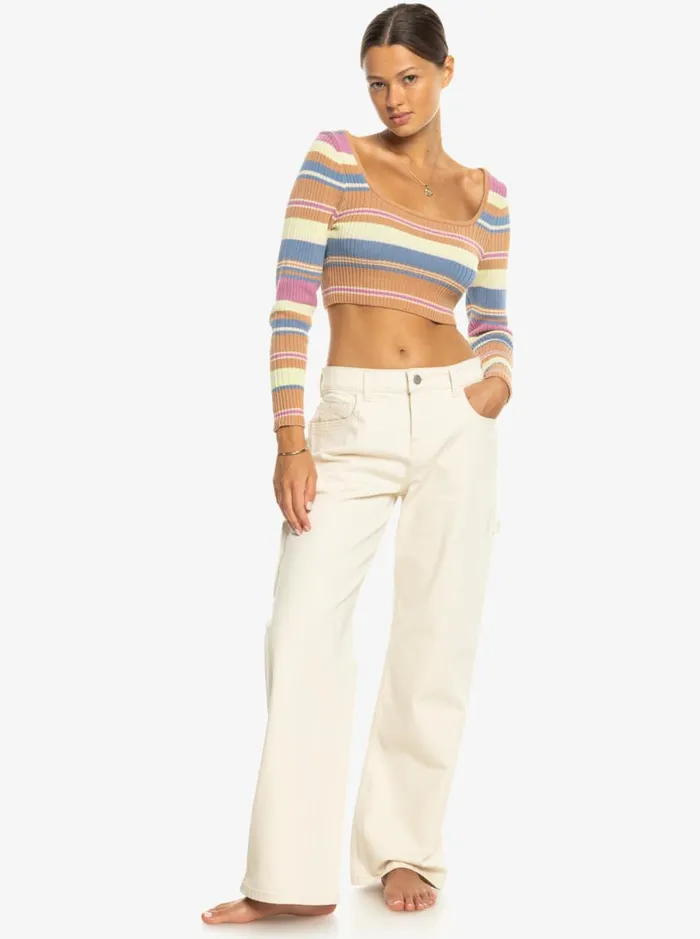 Roxy Sunshine Day 8211 Cropped Jumper Camel Swithbackstripe Sweaters Women Jumpers and Cardigans