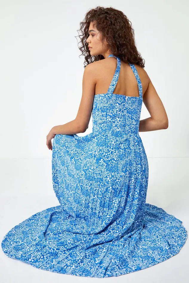Royal Blue Ditsy Floral Halter Neck Maxi Dress Women Roman Dresses