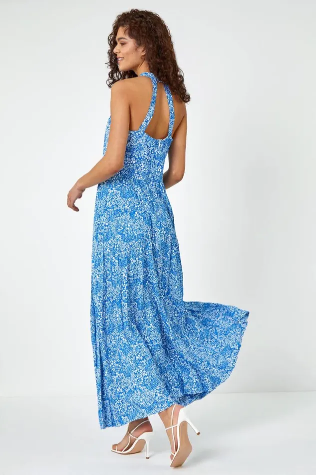 Royal Blue Ditsy Floral Halter Neck Maxi Dress Women Roman Dresses