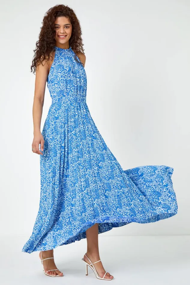 Royal Blue Ditsy Floral Halter Neck Maxi Dress Women Roman Dresses