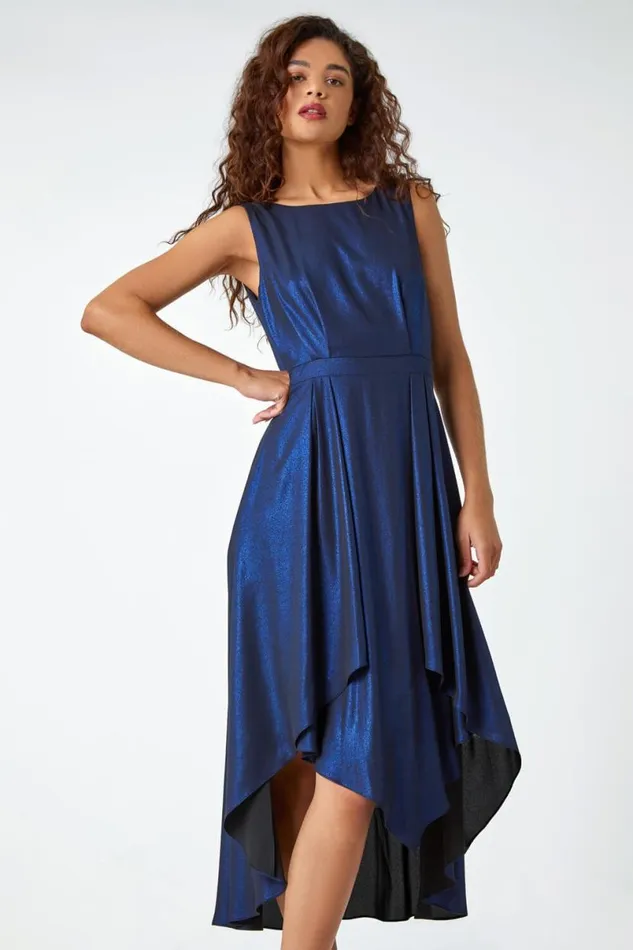 Royal Blue Pleat Detail Shimmer Midi Dress Women Roman Dresses