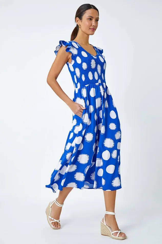 Royal Blue Polka Dot Shirred Stretch Midi Dress Women Roman Dresses