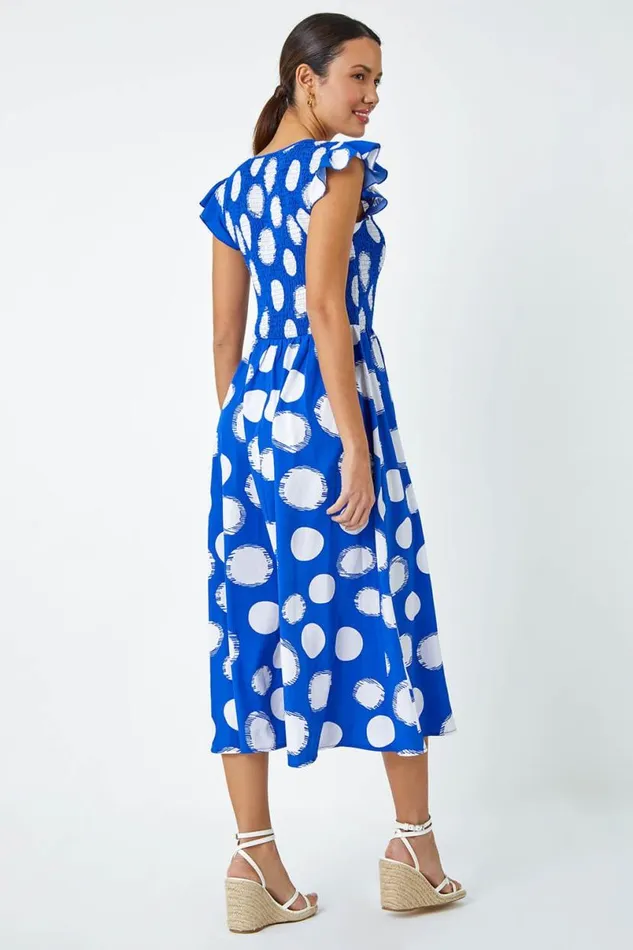 Royal Blue Polka Dot Shirred Stretch Midi Dress Women Roman Dresses