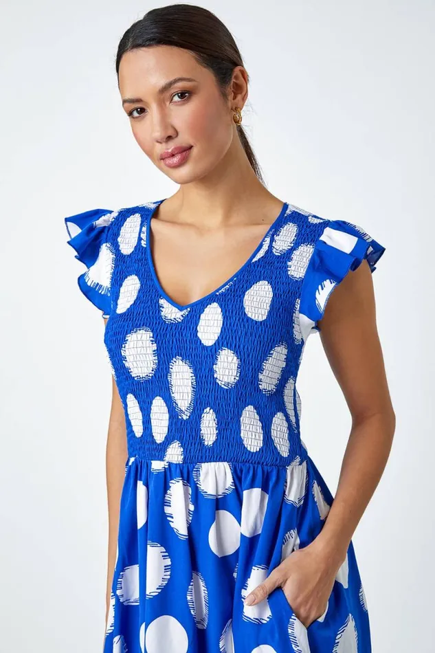 Royal Blue Polka Dot Shirred Stretch Midi Dress Women Roman Dresses