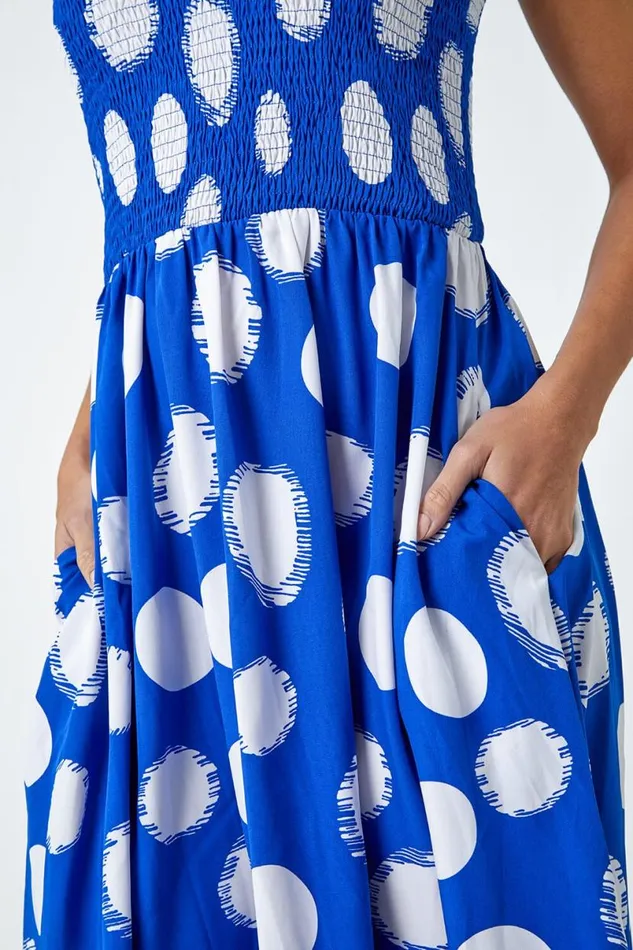 Royal Blue Polka Dot Shirred Stretch Midi Dress Women Roman Dresses