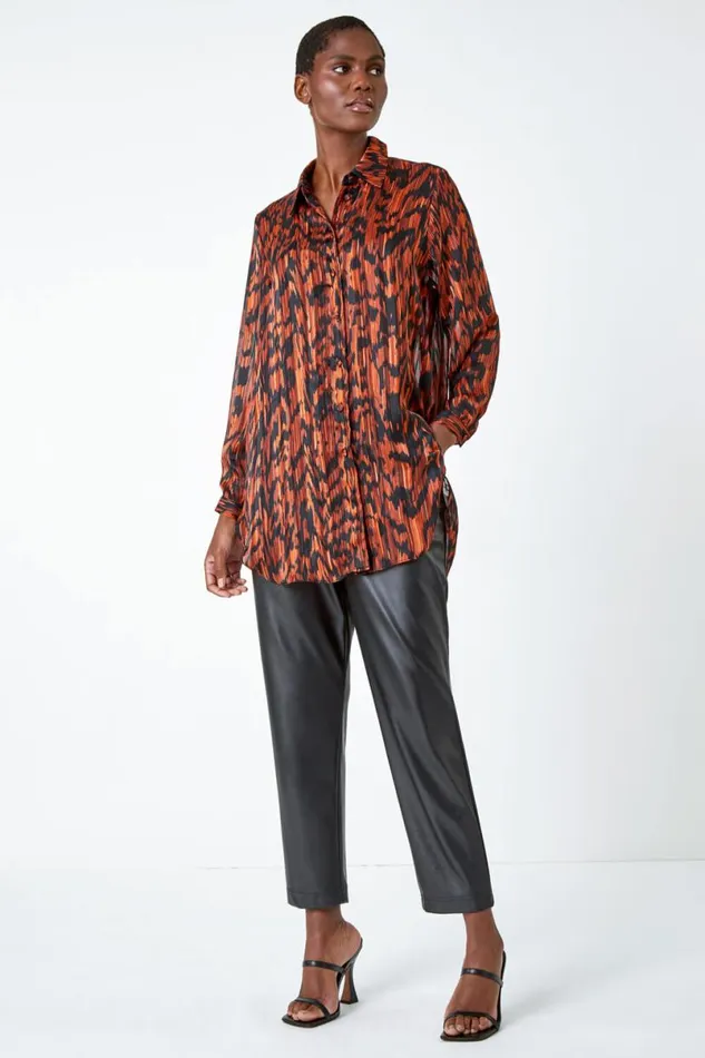 Rust Abstract Animal Print Longline Blouse Women Roman Tops