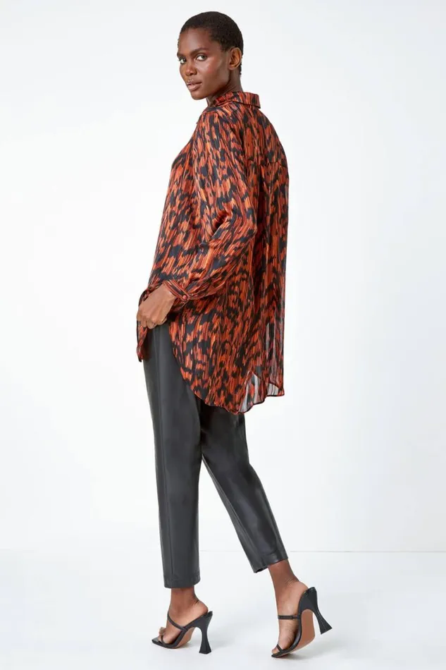 Rust Abstract Animal Print Longline Blouse Women Roman Tops