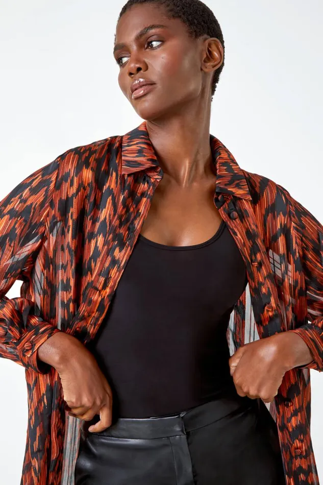 Rust Abstract Animal Print Longline Blouse Women Roman Tops