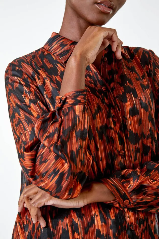 Rust Abstract Animal Print Longline Blouse Women Roman Tops