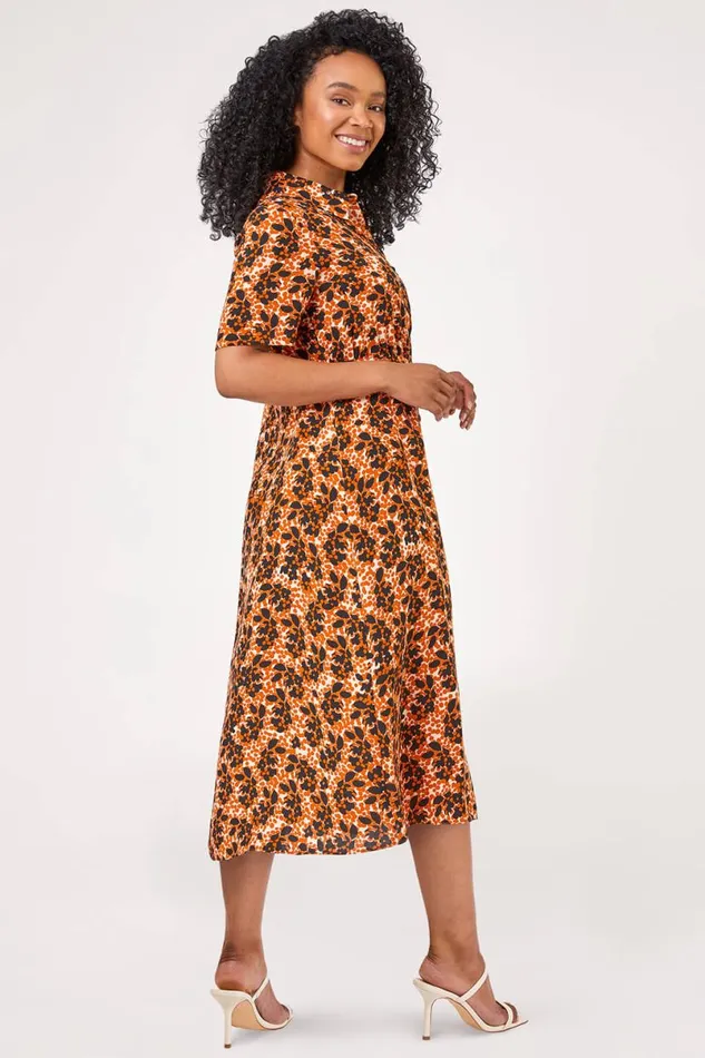 Rust Petite Abstract Floral Spot Print Shirt Dress Women Roman Dresses