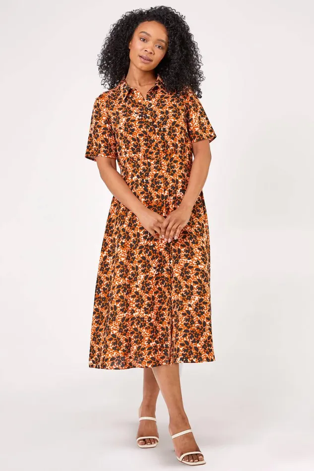 Rust Petite Abstract Floral Spot Print Shirt Dress Women Roman Dresses