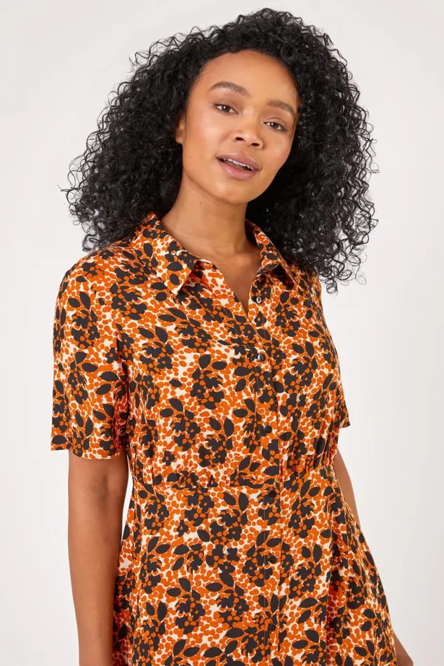 Rust Petite Abstract Floral Spot Print Shirt Dress Women Roman Dresses