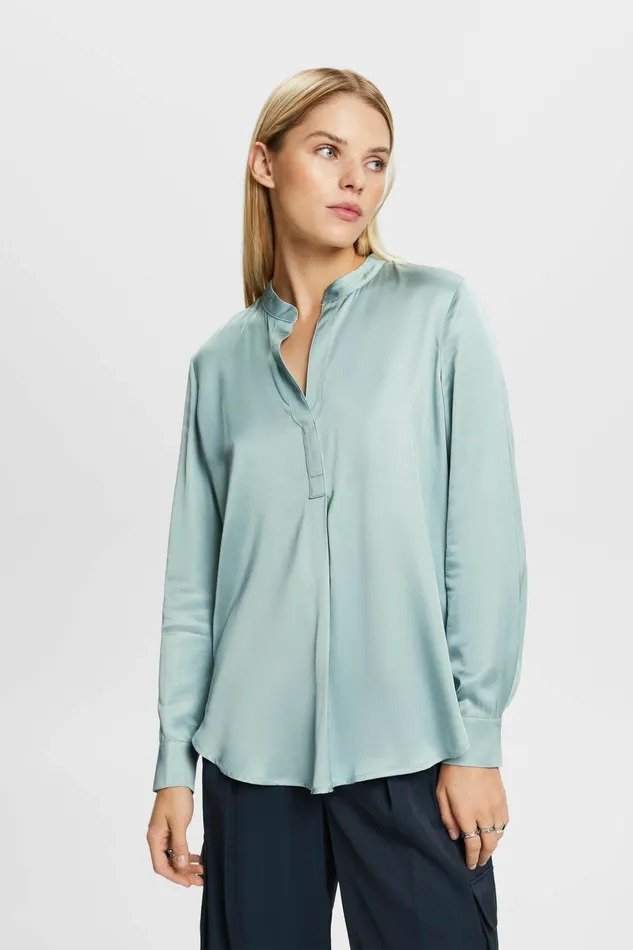 Shirts Blouses Women Esprit Satin VNeck Blouse Light Aqua Green