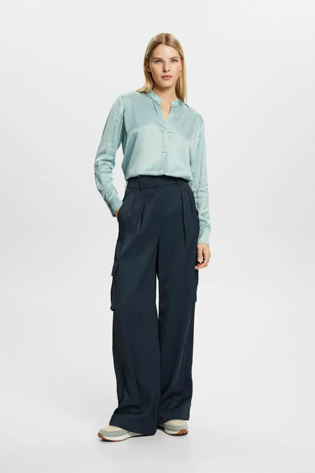 Shirts Blouses Women Esprit Satin VNeck Blouse Light Aqua Green