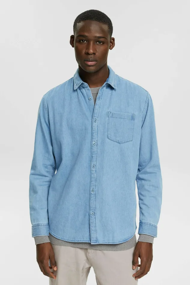Shirts Men Esprit Patch Pocket Denim Shirt Blue Light Washed