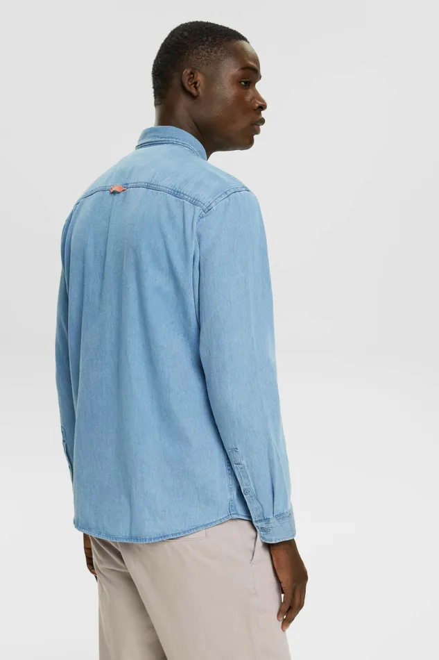Shirts Men Esprit Patch Pocket Denim Shirt Blue Light Washed
