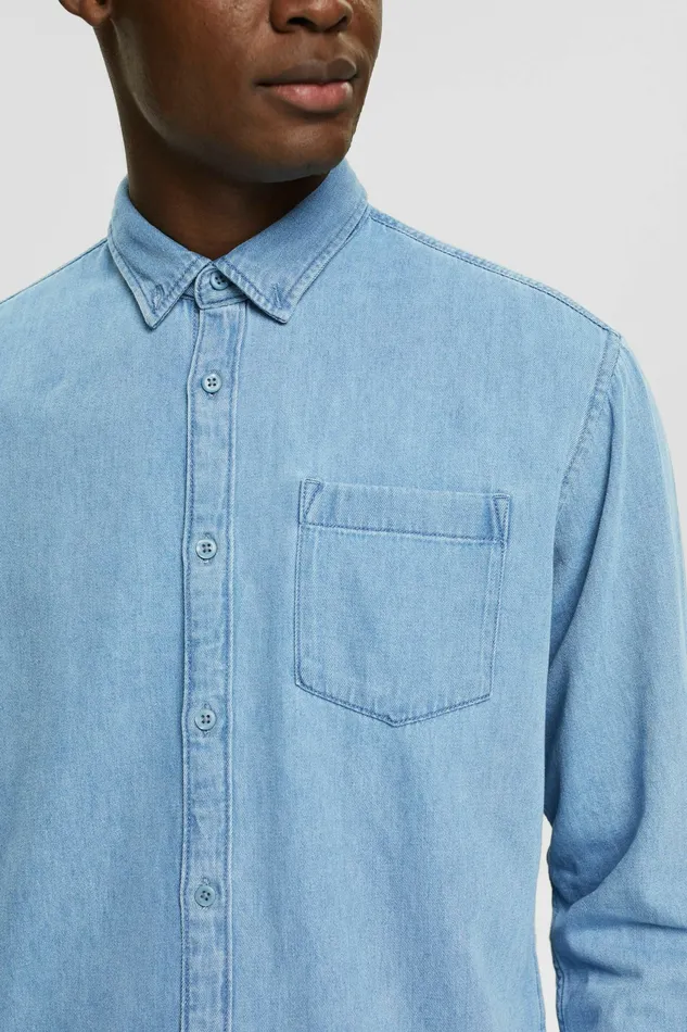 Shirts Men Esprit Patch Pocket Denim Shirt Blue Light Washed