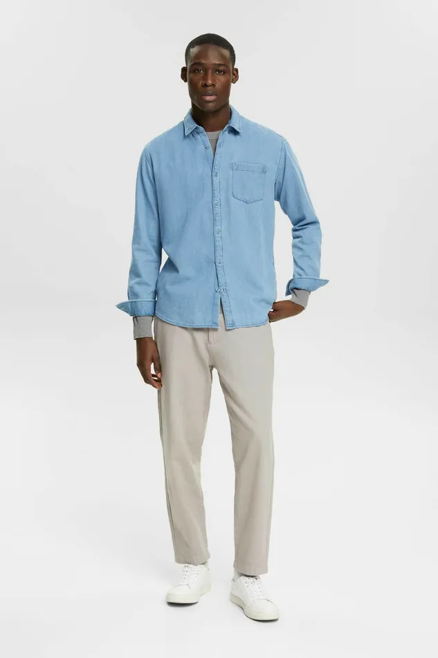 Shirts Men Esprit Patch Pocket Denim Shirt Blue Light Washed