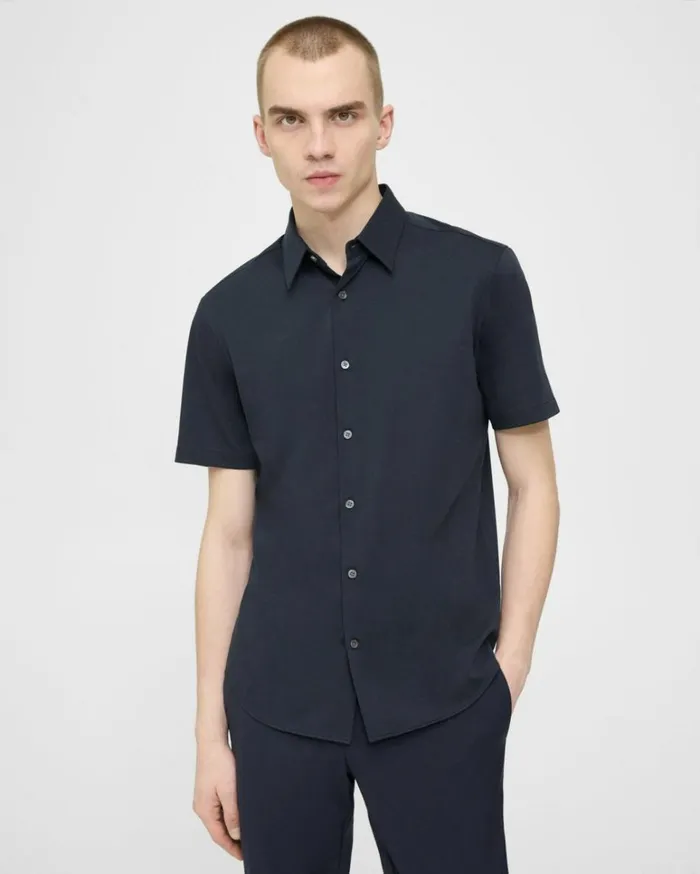 Shirts Men Theory Irving ShortSleeve Shirt In Structure Knit Eclipse