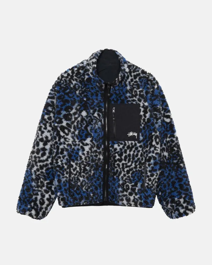 Shop Stussy SHERPA REVERSIBLE JACKET Blue Leopard