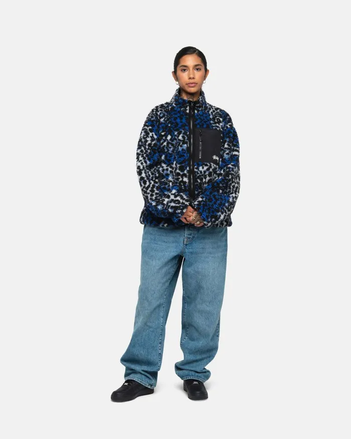 Shop Stussy SHERPA REVERSIBLE JACKET Blue Leopard
