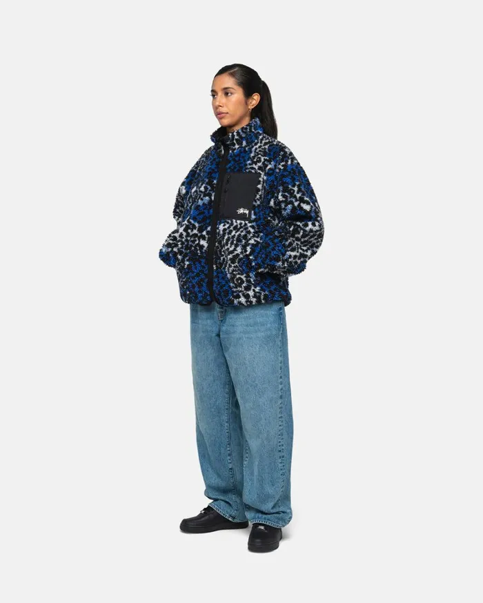 Shop Stussy SHERPA REVERSIBLE JACKET Blue Leopard