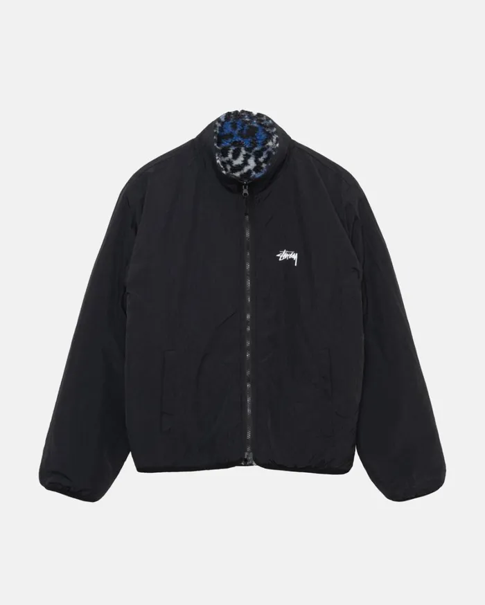 Shop Stussy SHERPA REVERSIBLE JACKET Blue Leopard