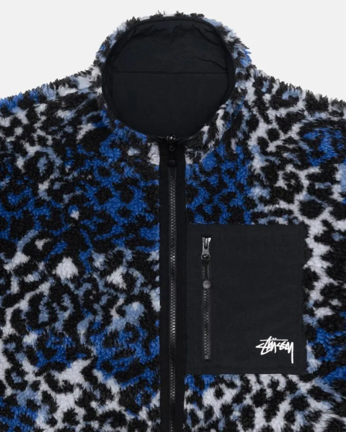 Shop Stussy SHERPA REVERSIBLE JACKET Blue Leopard