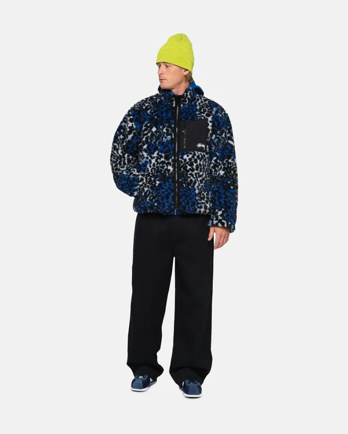 Shop Stussy SHERPA REVERSIBLE JACKET Blue Leopard