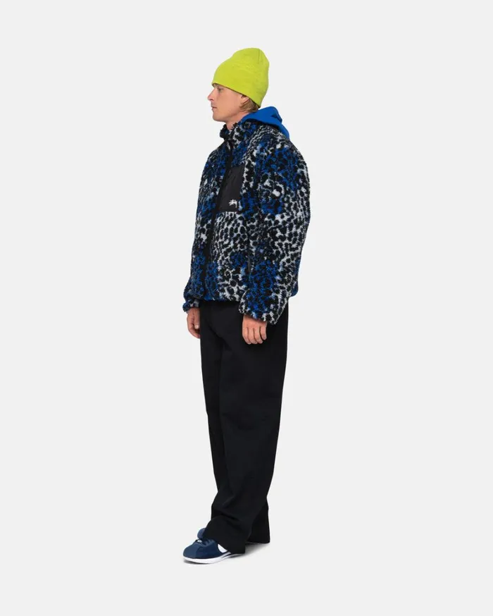 Shop Stussy SHERPA REVERSIBLE JACKET Blue Leopard
