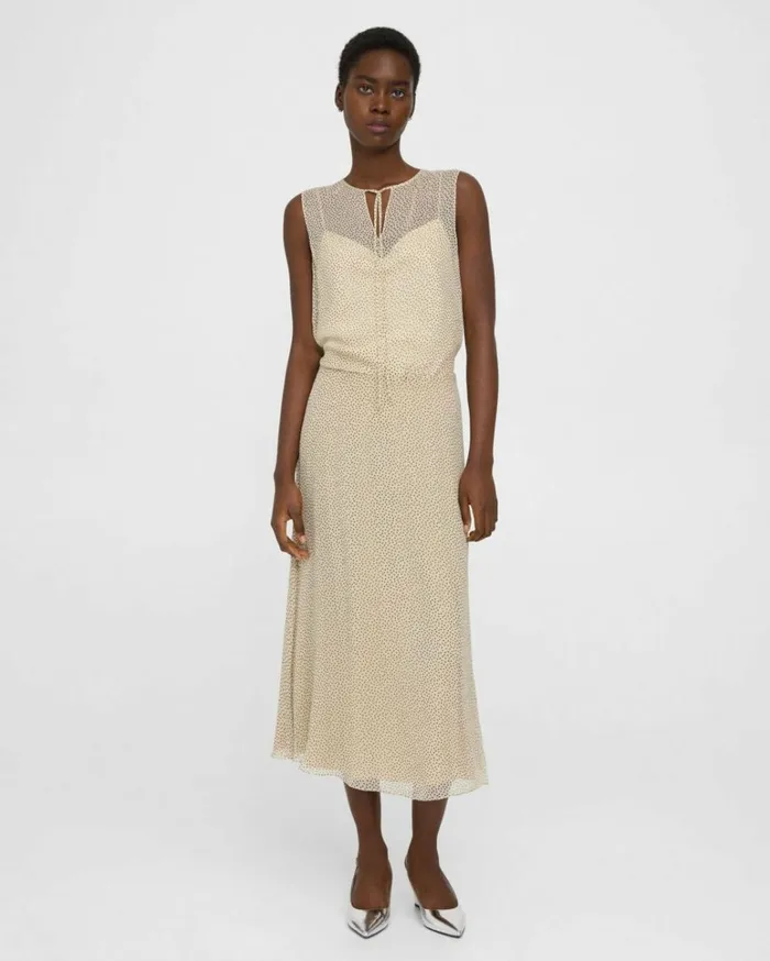 Skirts Women Theory Flared Midi Skirt In Polka Dot Silk Oatmeal Multi