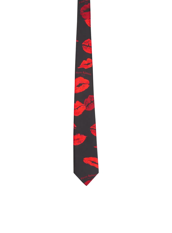 Slim Silk Tie With Kiss Print Black Men Balmain Other Accessories